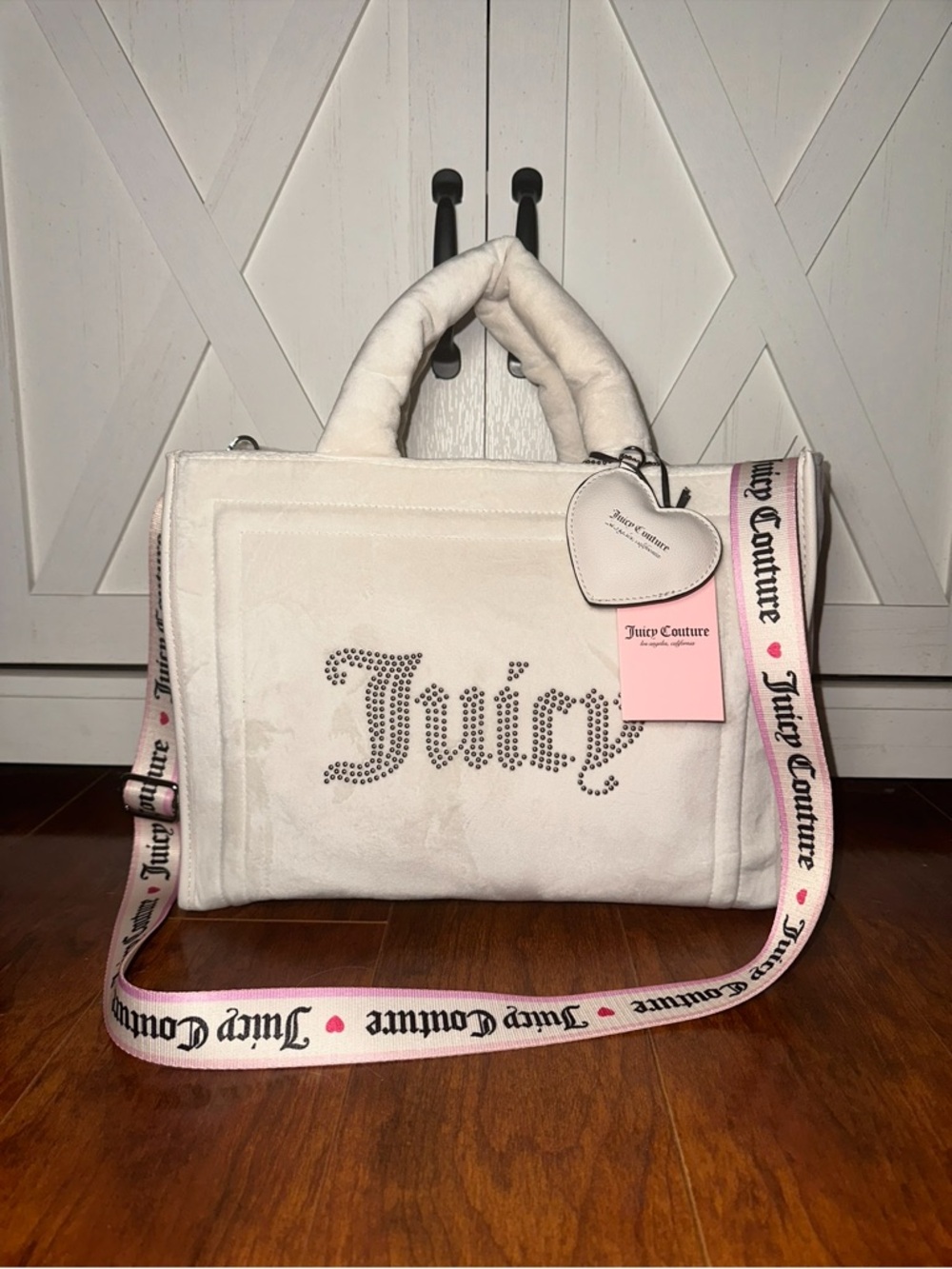 Juicy Couture Extra Spender Tote Velvet Satchel in Angel with Pink Logo Strap
